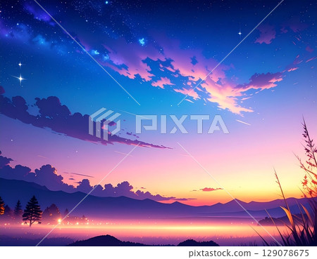A fantastic and beautiful sunset landscape illustration with a starry sunset sky and mountain ranges. 129078675