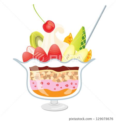 草莓、奇異果、香蕉配料，華麗多彩的甜點凍糕插畫 129078676