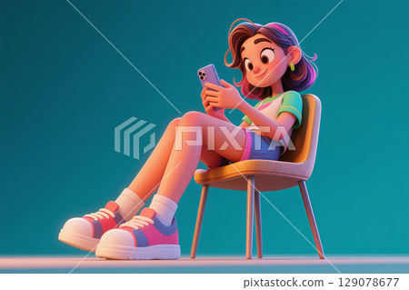 the girl in pink wig and headphones 129078677