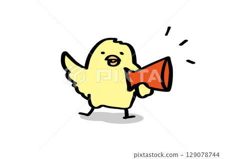 Cute and cute chick cheering with a megaphone Cute and cute chick cheering with a megaphone 129078744