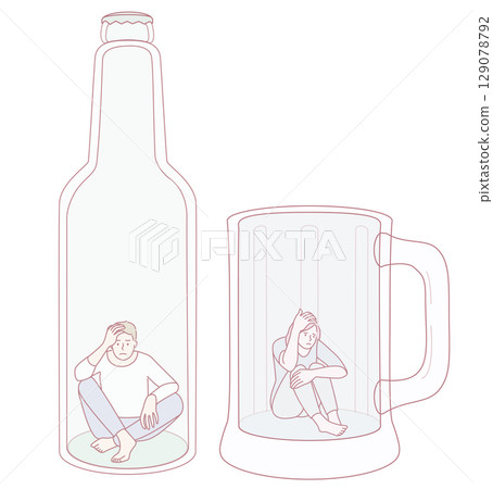An illustration showcasing the theme of isolation depicted through bottles and mugs as symbols 129078792
