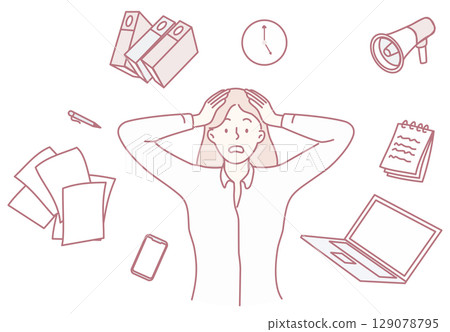 A Stressed Woman Surrounded by Office Clutter, Deadlines, and Constant Pressure and Chaos 129078795