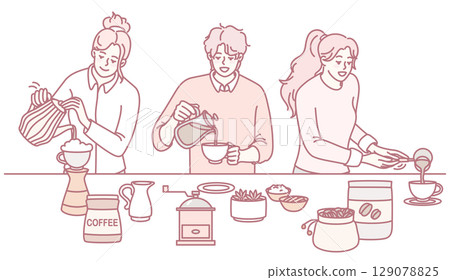 The art of Coffee Preparation in a Cozy, Inviting Cafe Setting that welcomes patrons 129078825