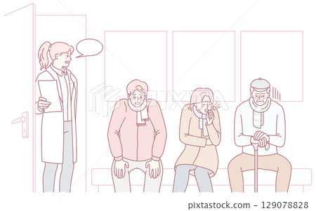 Scene in the waiting room showcasing various patients alongside their doctor and other staff Scene in the waiting room showcasing various patients alongside their doctor and other staff 129078828
