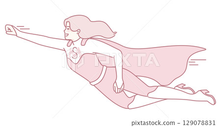 Illustration of a Strong and Empowered Female Superhero Amusingly Flying in the Sky 129078831