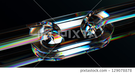 3d iridescent glass spectrum chain with crystal links on abstract black background. Connected rings with bright neon gradient texture, light dispersion. Futuristic digital tech bg. 3D illustration 3d iridescent glass spectrum chain with crystal links on abstract black background. Connected rings with bright neon gradient texture, light dispersion. Futuristic digital tech bg. 3D illustration 129078878