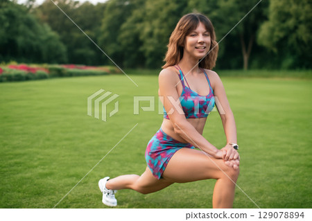AI generated image of a young Asian woman smiling while performing a lunge exercise in vibrant sportswear. The natural light highlights her form in a beautiful outdoor park with flowers and greenery 129078894