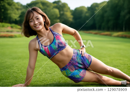 AI generated image of a smiling young Asian woman performing a side plank exercise outdoors on a green lawn with flowers and trees in the background positive energy highlight strength and balance. 129078909