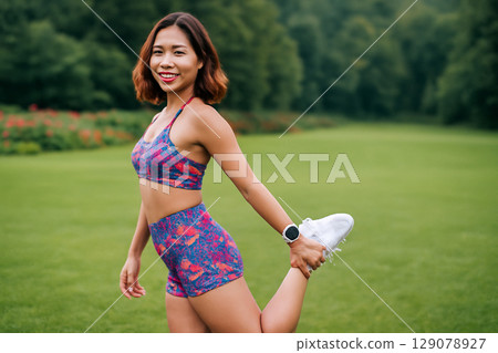 AI generated image of a young Asian woman smiling while performing a standing leg curl on a lush green lawn. She wears a colorful sports bra and shorts, radiating energy and positivity. 129078927