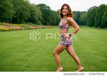 AI generated image of a young Asian woman in vibrant workout attire smiling while performing heel raises outdoors on a grassy lawn. The scene is bright and cheerful, highlighting her athleticism 129078928