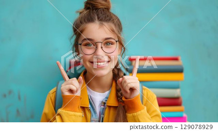 Happy schoolgirl in glasses with books, ready for back to school 129078929