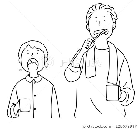Parents and children brushing their teeth side by side_Line drawing 129078987