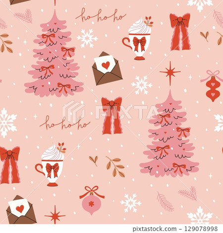 Seamless pattern of pink Christmas with trees, bows, snowflakes. Vector graphics. 129078998