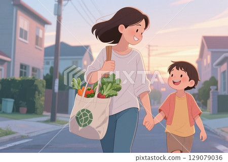 Illustration material: Parents and children returning from shopping Illustration material: Parents and children returning from shopping 129079036