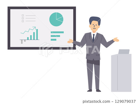 Illustration of a businessman giving a presentation Illustration of a businessman giving a presentation 129079037