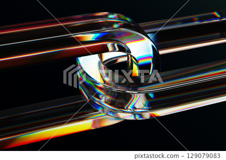 Abstract black 3d background with glass chain of holographic links. Closeup of connected crystal rings with neon rainbow light texture. Futuristic digital tech, blockchain hyperlink. 3D illustration 129079083