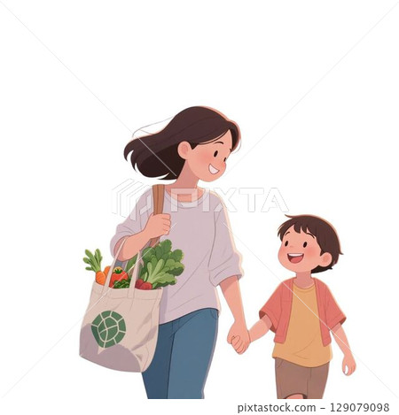 插畫資料：父母和孩子購物回來 129079098
