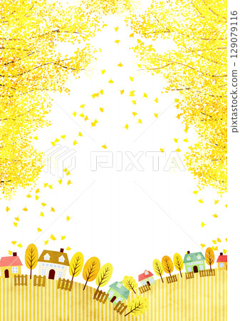 秋天，銀杏樹成蔭的街道，城市景觀背景，鄉村，插圖，可愛，垂直 129079116