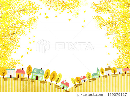Autumn, ginkgo tree lined street, cityscape background, countryside, illustration, cute, horizontal 129079117