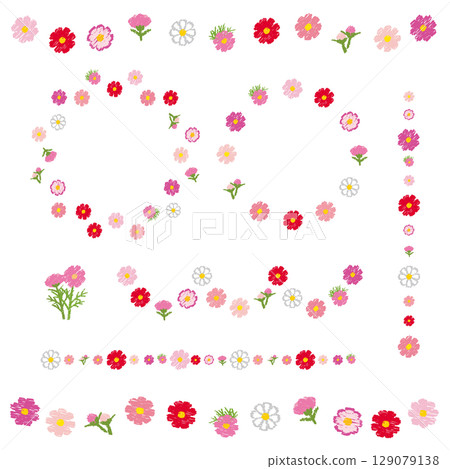 Cosmos frame, autumn flower wreath, line decoration set, vector illustration, hand-drawn style 129079138