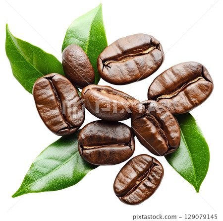 Roasted fresh coffee beans with leaf isolated on white background transparent PNG clipart. Roasted fresh coffee beans with leaf isolated on white background transparent PNG clipart. 129079145