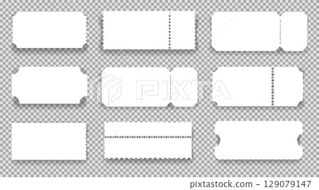 Retro ticket, coupon or voucher. Cinema concert paper tag with separation point empty template, label. Vintage shape raffle edge, frame border.  129079147