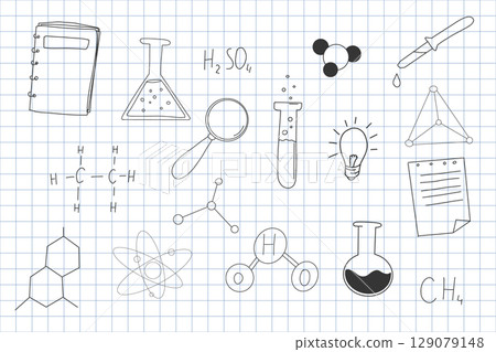 Chemistry research hand drawn sketch doodle line icons. Flasks and tubes back to school elements. Education science lab drawing. Chemistry research hand drawn sketch doodle line icons. Flasks and tubes back to school elements. Education science lab drawing. 129079148