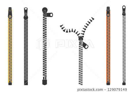 Zipper silhouette, set zipper lock or unlock. Fastener slide with puller. Split cloth pulling zip. Collection Apparel accessories simple drawing. 129079149