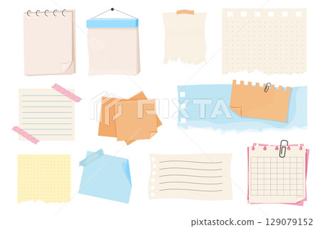 Different note papers, memo pages with paper clip and adhesive tape. Set sticky remind blanks, sheets, stickers. Checklist ripped torn edge paper. Different note papers, memo pages with paper clip and adhesive tape. Set sticky remind blanks, sheets, stickers. Checklist ripped torn edge paper. 129079152