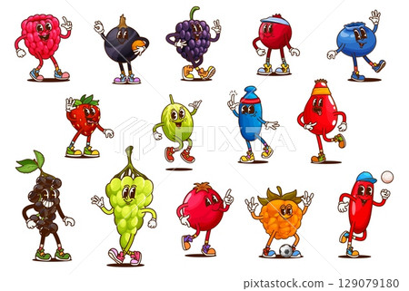 Cartoon groovy berry characters doing sports, retro funny fruit food vector personages. Cute psychedelic raspberry, strawberry, grapes and cranberry, vintage groovy blackberry, gooseberry and rosehip 129079180