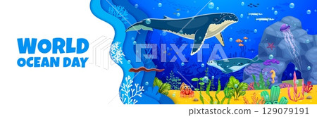World oceans day banner with giant whale, seal and underwater landscape. Underwater ecosystems protection vector banner or flyer. Oceans day holiday poster with cartoon animals, fishes and seaweed 129079191