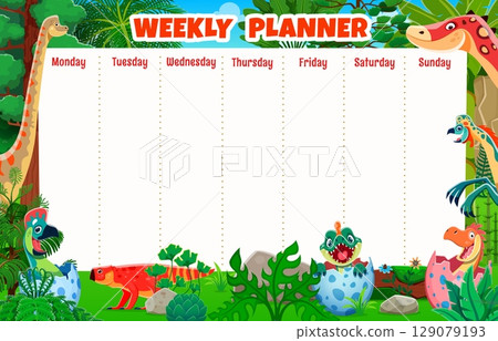Kids weekly planner schedule with funny dino characters. School kids education lessons or week tasks organization schedule or planner vector template with prehistoric dinosaurs cheerful personages 129079193