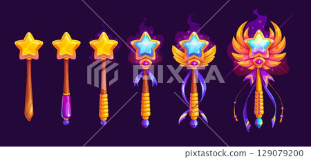 Magic wand progress game rank badge, level stage awards, medals and winner trophies. Vector game UI rank badges set of cartoon gold and wood magic wands with golden stars, wings, gems and ribbons 129079200