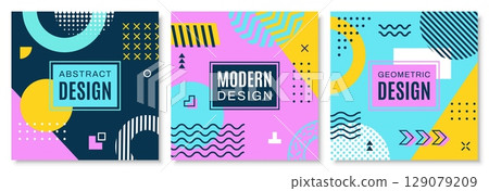Memphis square cover with abstract geometric shapes. Modern banner templates, feature vibrant colors and bold patterns in retro modern style of 1980s. Vector playful cards or story posts 129079209