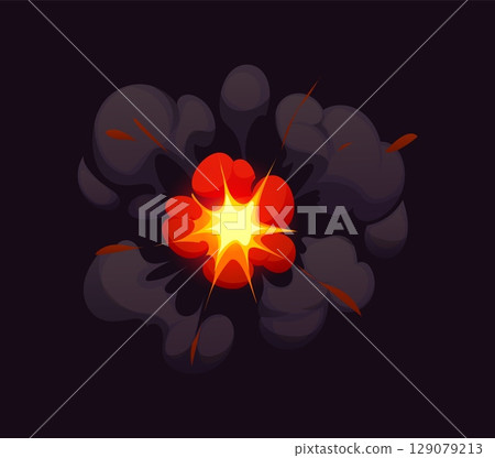 Cartoon bomb explosion blast effect, comic fire and smoke boom cloud. Vector fiery dynamite explode burst, comic explosion effect with glowing orange and yellow flames, surrounded by dark thick smoke Cartoon bomb explosion blast effect, comic fire and smoke boom cloud. Vector fiery dynamite explode burst, comic explosion effect with glowing orange and yellow flames, surrounded by dark thick smoke 129079213