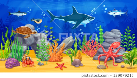 Ocean underwater game background with sea animals. Vector location level map landscape with cartoon shark, fish shoals and turtle, tuna, crab and octopus swimming between seaweeds on the seafloor Ocean underwater game background with sea animals. Vector location level map landscape with cartoon shark, fish shoals and turtle, tuna, crab and octopus swimming between seaweeds on the seafloor 129079215