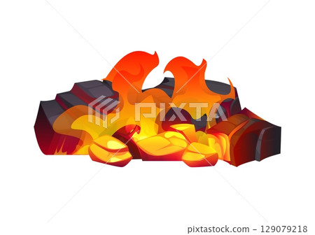 Fire flames on coal, fireplace charcoal, burn ember coal pieces and ash. Cartoon vector campfire with bright flames and glowing embers burning over blackened wood and stones, glow lava rocks pile 129079218