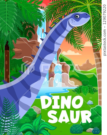 Prehistoric dinosaur character in jungle forest. Vector banner or book cover featuring cartoon hypselosaurus dino reptile animal in a lush environment. Template for party invitation or Jurassic park Prehistoric dinosaur character in jungle forest. Vector banner or book cover featuring cartoon hypselosaurus dino reptile animal in a lush environment. Template for party invitation or Jurassic park 129079220