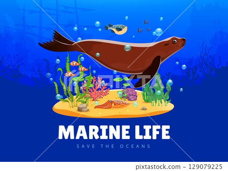 Save the oceans banner with cartoon sea animals and seaweeds, seal, cuttlefish, puffer fish and sunken ship silhouette. Vector underwater environmental and conservation marine life awareness 129079225