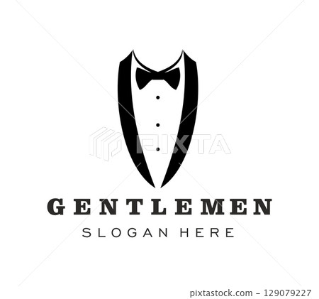 Tuxedo suit icon with gentleman bow tie or necktie silhouette for man clothes tailor, vector emblem. Tuxedo suit icon for gentlemen boutique or wedding clothing atelier and men club premium sign Tuxedo suit icon with gentleman bow tie or necktie silhouette for man clothes tailor, vector emblem. Tuxedo suit icon for gentlemen boutique or wedding clothing atelier and men club premium sign 129079227