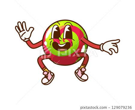 Cartoon groovy Halloween candy character with hippie sneakers. Vector funny toffee for kids trick or treat party. Isolated holiday pastry dessert, snack retro personage, confectionery caramel jumping 129079236