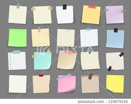 Memo note paper sheets with clips and adhesive tape, stickers, sticky notepad and memory notice blanks. Vector to do list or message notepaper, meeting reminder, office information board bulletin set Memo note paper sheets with clips and adhesive tape, stickers, sticky notepad and memory notice blanks. Vector to do list or message notepaper, meeting reminder, office information board bulletin set 129079240