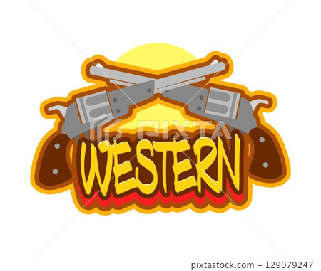 Western pistol and Wild West Y2K groovy sticker. Western firearm groovy vector tag, Wild West cowboy guns label. American ranch and rodeo sticker with two crossed revolvers and typography text 129079247