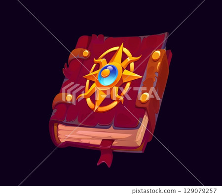 Pirate ships logbook with vintage compass, vector corsair game UI asset. Cartoon medieval pirate ship deck log book with leather cover, bookmark, gold compass wind rose and gem, corsair captain diary 129079257