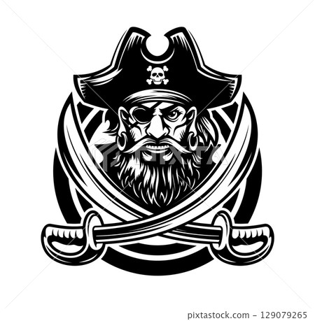 Pirate captain mascot with crossed sabres, tricorn hat and black eye patch, vector piracy tattoo. Cartoon pirate corsair captain head with angry face, beard and earrings, swords and skull crossbones Pirate captain mascot with crossed sabres, tricorn hat and black eye patch, vector piracy tattoo. Cartoon pirate corsair captain head with angry face, beard and earrings, swords and skull crossbones 129079265