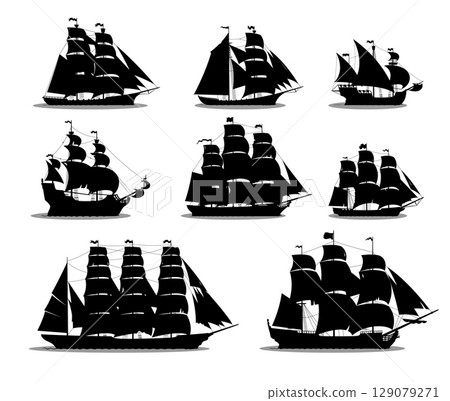 Pirate ships vector silhouettes of vintage sailboats and sailships with black sails, flags and masts. Medieval pirate corsair battle ships, marine robber old caravel, galleon, brigantine and barque Pirate ships vector silhouettes of vintage sailboats and sailships with black sails, flags and masts. Medieval pirate corsair battle ships, marine robber old caravel, galleon, brigantine and barque 129079271