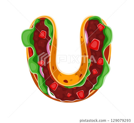 Day of the Dead font taco with ground beef letter U. Mexico ritual festival typeset vector letter, Dia de Los Muertos holiday type sign. Mexican Day of the Dead carnival latin font element or symbol Day of the Dead font taco with ground beef letter U. Mexico ritual festival typeset vector letter, Dia de Los Muertos holiday type sign. Mexican Day of the Dead carnival latin font element or symbol 129079293
