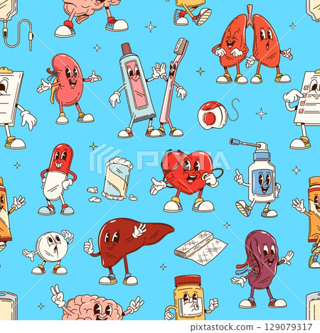 Groovy medicine characters seamless pattern. Fabric seamless print, textile or wrapping paper pattern with medicine pills and ointments, human organs, prescription and oral care groovy cute personages Groovy medicine characters seamless pattern. Fabric seamless print, textile or wrapping paper pattern with medicine pills and ointments, human organs, prescription and oral care groovy cute personages 129079317
