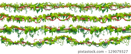 Jungle forest tropical liana seamless branch vines. Tropical rainforest flora fern twig isolated vector seamless underline or divider. Jungle forest climbing liana shrub, Amazon nature ivy borders 129079327