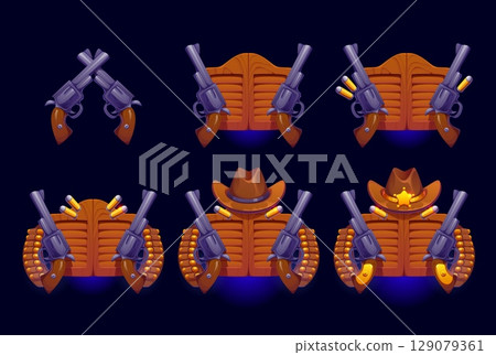 Western cowboy game rank badge, wild west award. Cartoon vector set featuring crossed revolvers, saloon doors, cowboy hats, bullets and sheriff stars, layered progressively with increasing details 129079361